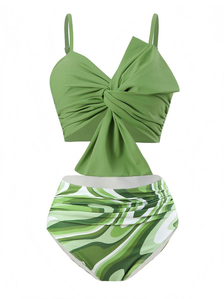Maillot de bain vert à bretelles nouées aquarelle des années 1960