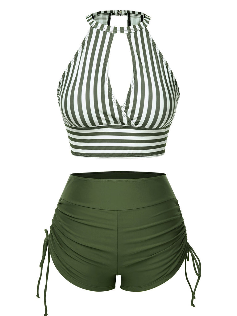 Maillot de bain à rayures creuses col rond des années 1950