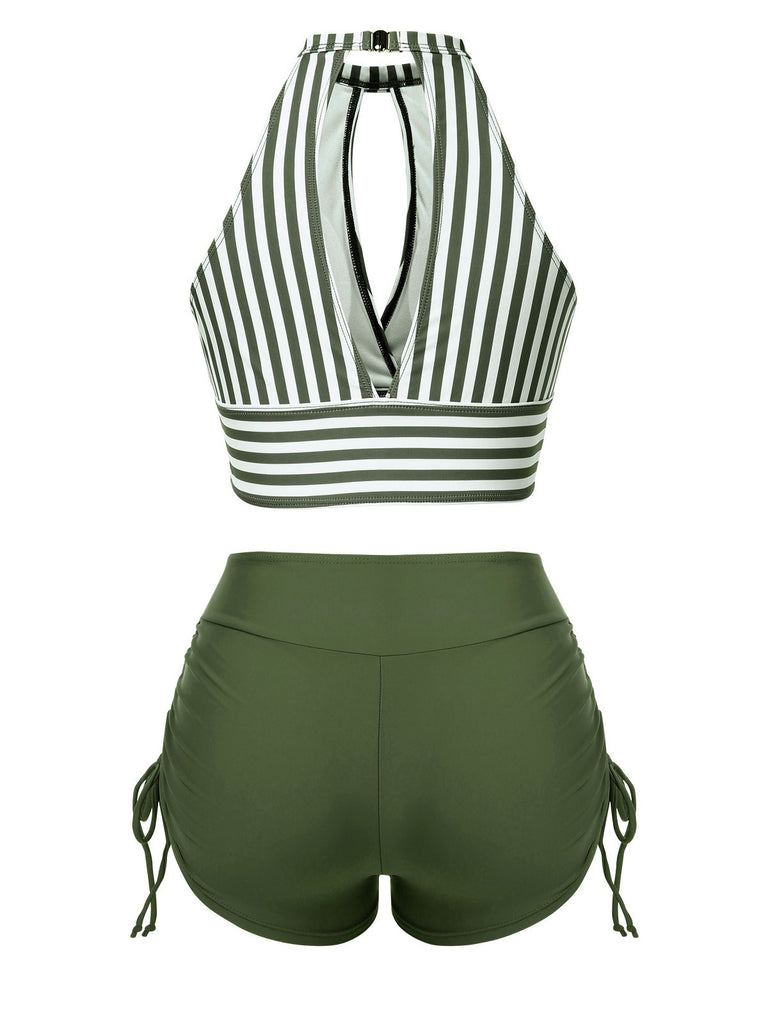 Maillot de bain à rayures creuses col rond des années 1950