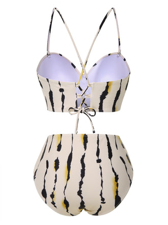 Maillot de bain beige à lacets dans le dos imprimé éclaboussures d'encre années 1950