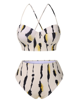 Maillot de bain beige à lacets dans le dos imprimé éclaboussures d'encre années 1950