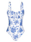 Maillot de bain une pièce bleu à cordon de serrage fleurie années 1950