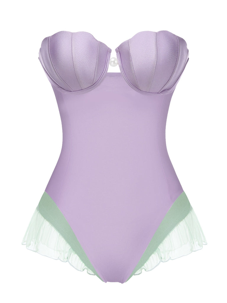 [Prévente] Maillot de bain bandeau sirène coquillage violet des années 1970