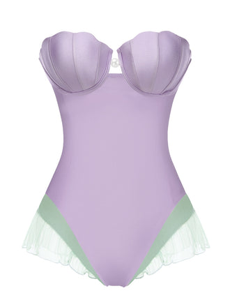 Maillot de bain bandeau sirène coquillage violet des années 1970