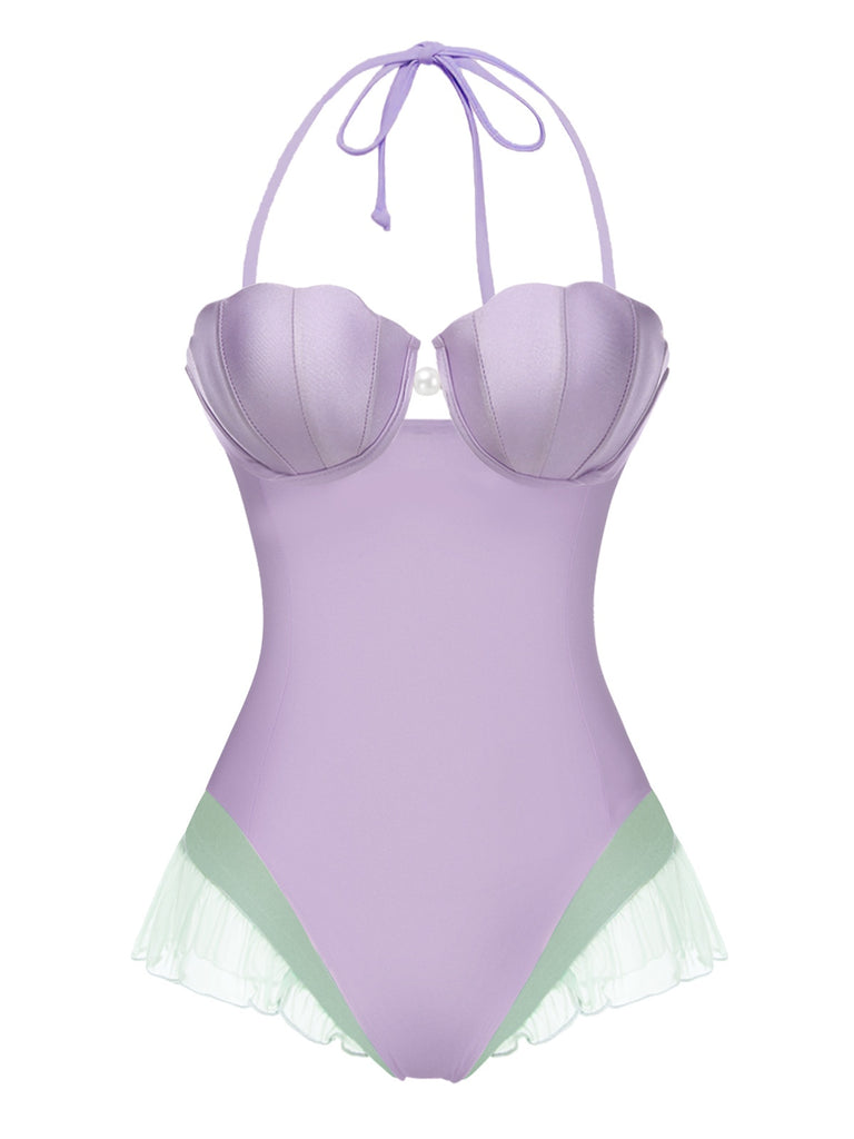 [Prévente] Maillot de bain bandeau sirène coquillage violet des années 1970