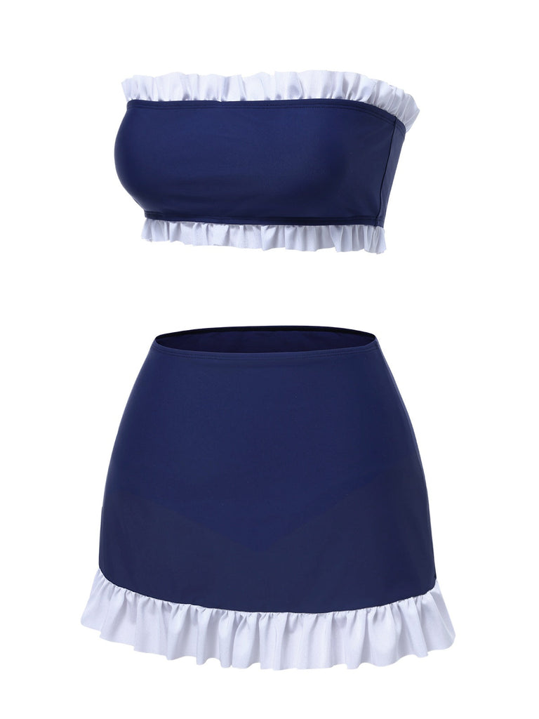 [Prévente] Maillot de bain bandeau à volants bleu foncé des années 1960