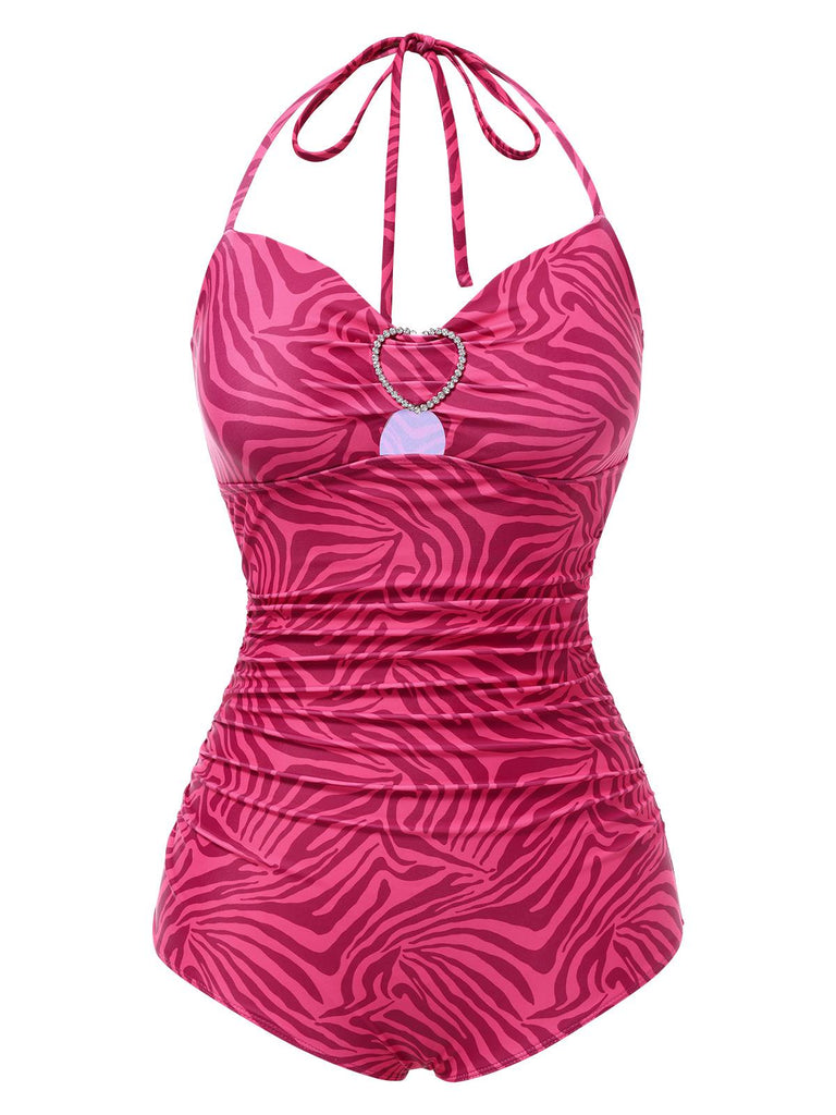 [Prévente] Maillot de bain rose à rayures zébrées strass en forme de cœur années 50