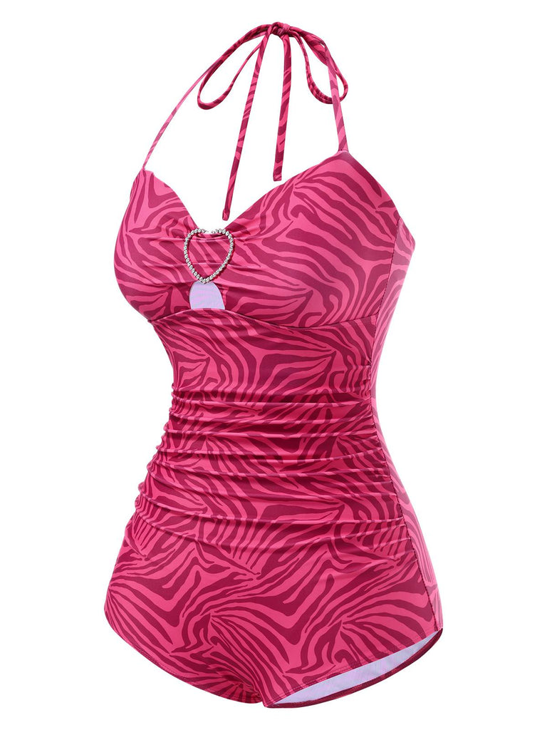 [Prévente] Maillot de bain rose à rayures zébrées strass en forme de cœur années 50