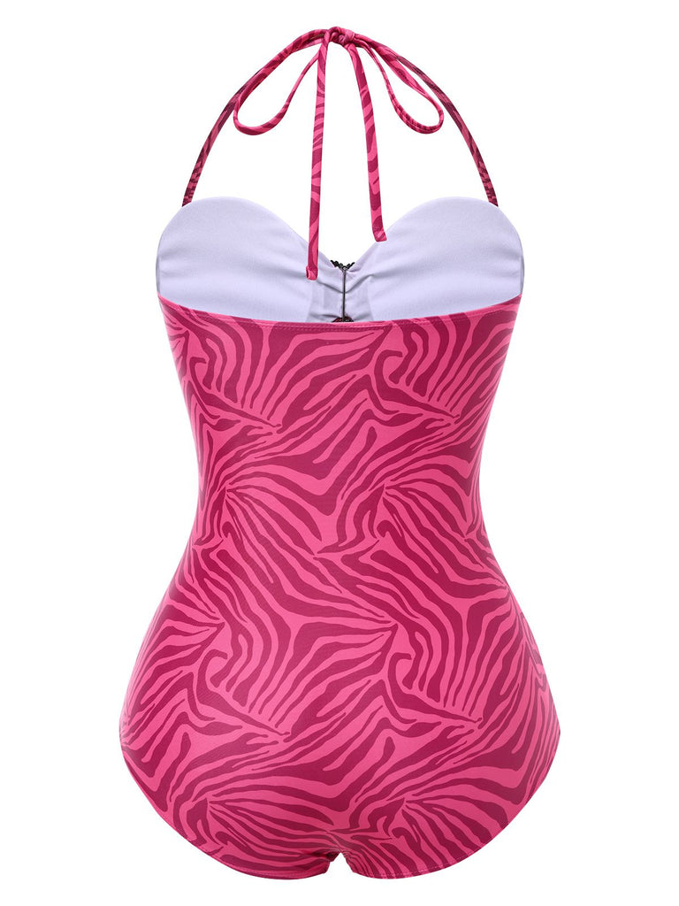 [Prévente] Maillot de bain rose à rayures zébrées strass en forme de cœur années 50