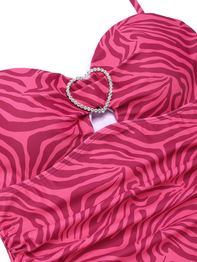 [Prévente] Maillot de bain rose à rayures zébrées strass en forme de cœur années 50