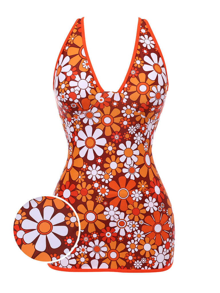 [Prévente] Maillot de bain une pièce marron à fleurie bohème années 1960