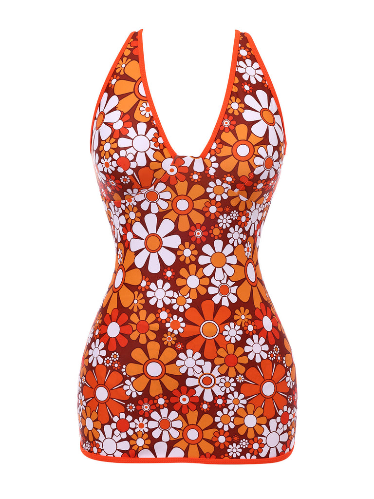 [Prévente] Maillot de bain une pièce marron à fleurie bohème années 1960