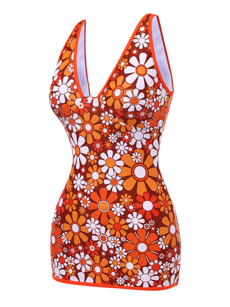 [Prévente] Maillot de bain une pièce marron à fleurie bohème années 1960