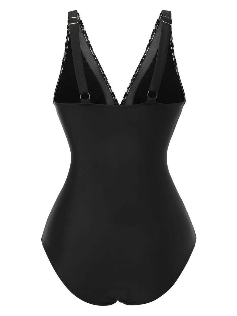 Maillot de bain en patchwork léopard col V profond des années 1950