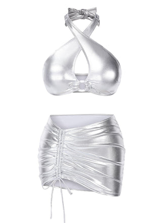 Maillot de bain dos nu croisé à cordon de serrage laser argenté années 1960