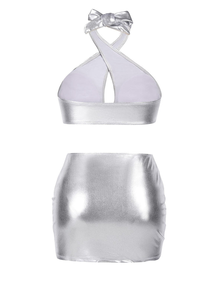 Maillot de bain dos nu croisé à cordon de serrage laser argenté années 1960