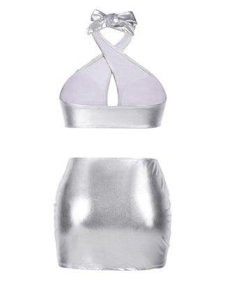 Maillot de bain dos nu croisé à cordon de serrage laser argenté années 1960