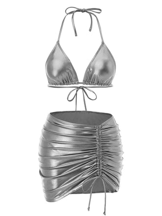 Bikini métallisé dos nu et paréo froncé années 1970
