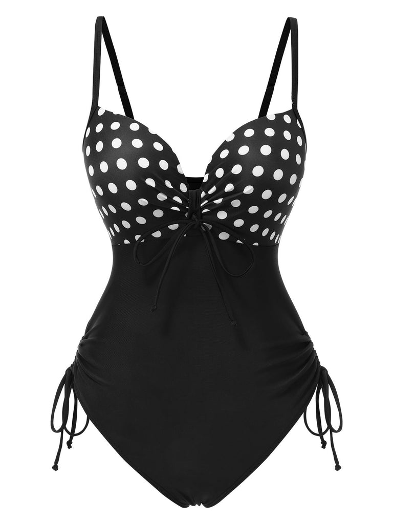 Maillot de bain une pièce noir à bretelles à pois des années 1950