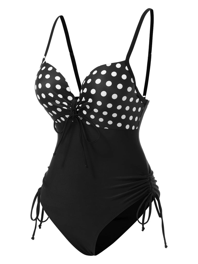 Maillot de bain une pièce noir à bretelles à pois des années 1950