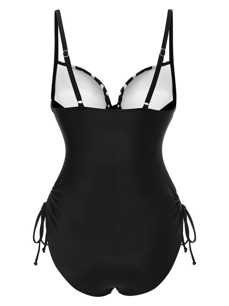 Maillot de bain une pièce noir à bretelles à pois des années 1950