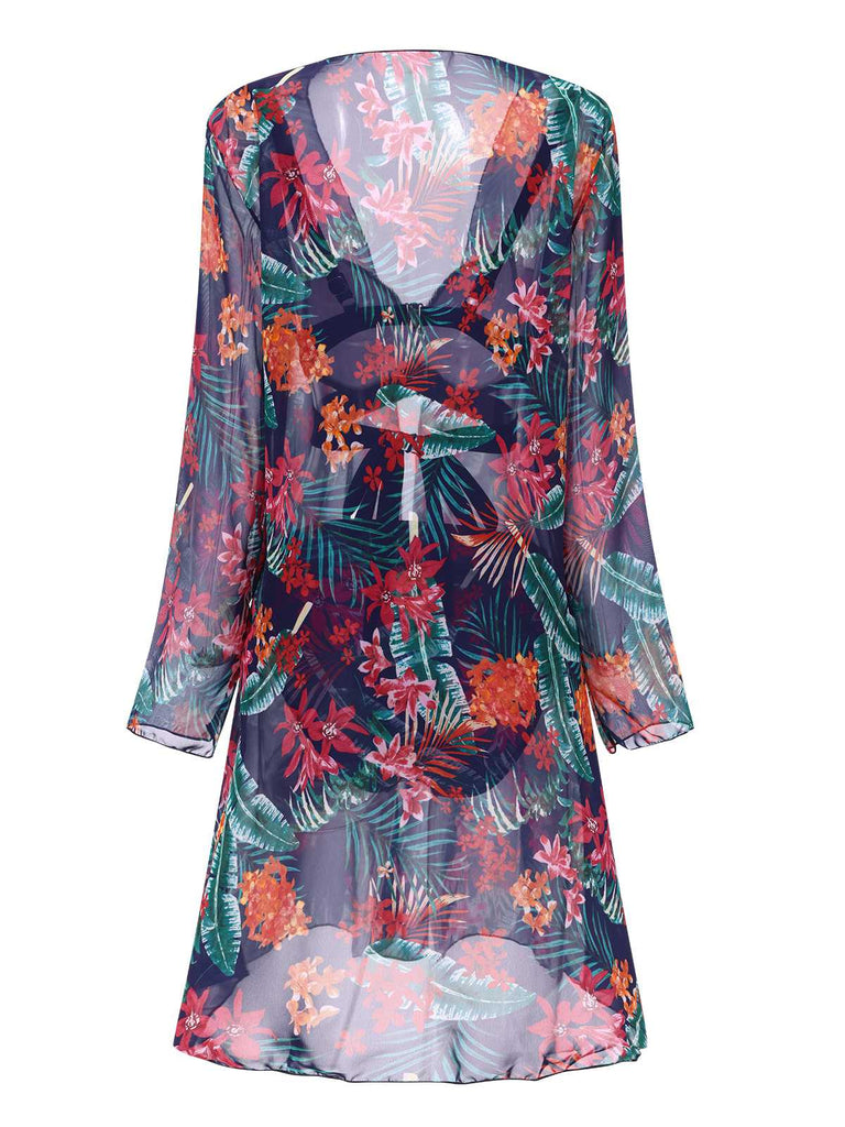Ensemble bikini et cache-maillot bleu à motif floral des années 1960