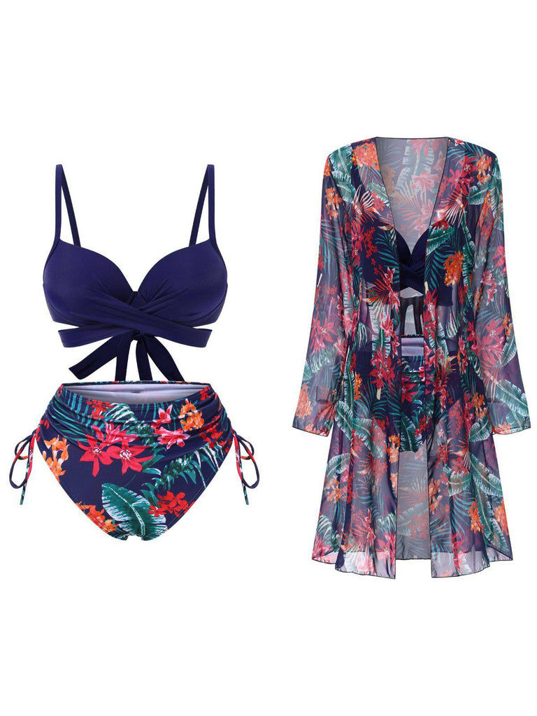 Ensemble bikini et cache-maillot bleu à motif floral des années 1960