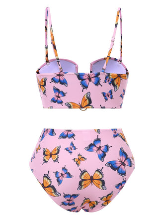 Ensemble bikini papillon rose à anneaux creux années 1950