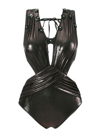 Maillot de bain une pièce noir uni brillant à appliques des années 1970