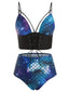 Maillot de bain bleu foncé à lacets et écailles de poisson des années 1980