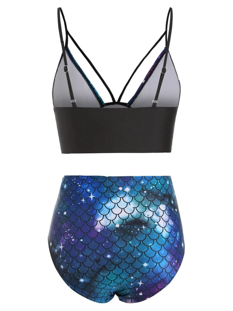 Maillot de bain bleu foncé à lacets et écailles de poisson des années 1980