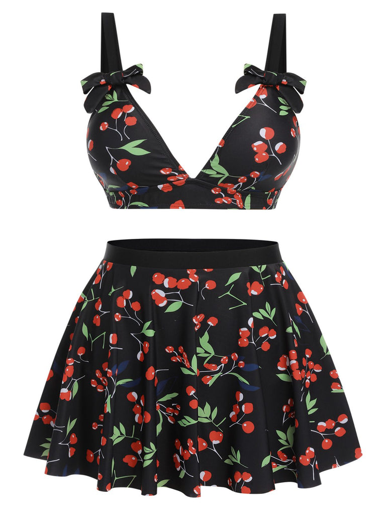 [Grande taille] Maillot de bain noir à col en V et nœud cerise des années 40