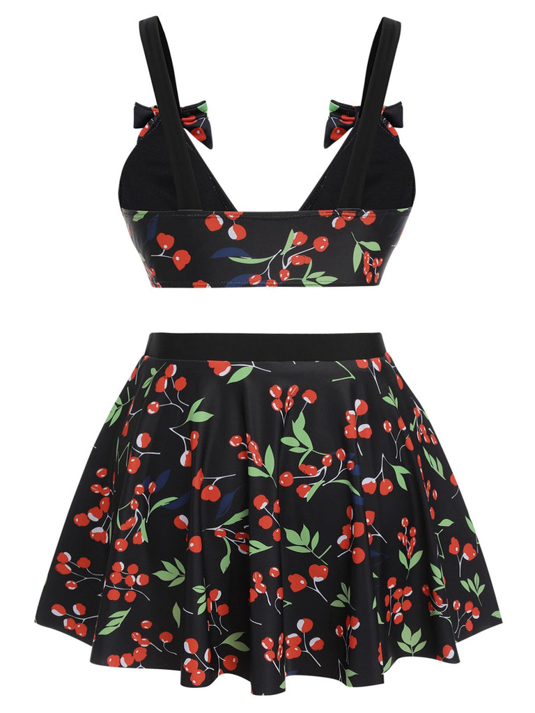[Grande taille] Maillot de bain noir à col en V et nœud cerise des années 40