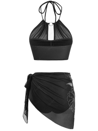 Ensemble bikini noir motif crâne col licou et cache-maillot années 80