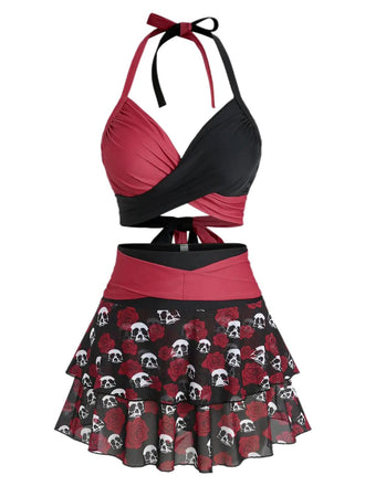 Maillot de bain jupe dos nu noir et rouge motif tête de mort et roses années 1980