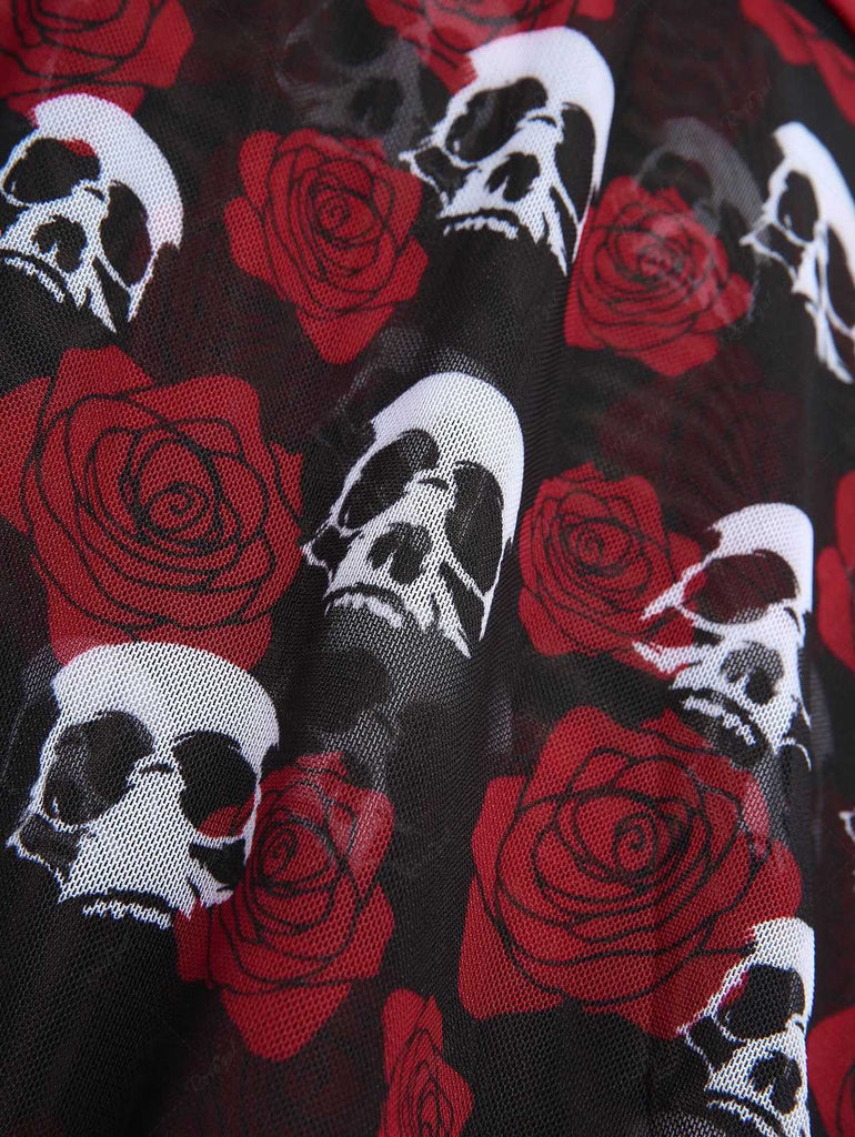 Maillot de bain jupe dos nu noir et rouge motif tête de mort et roses années 1980
