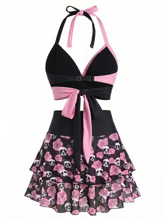Maillot de bain jupe dos nu rose années 1980