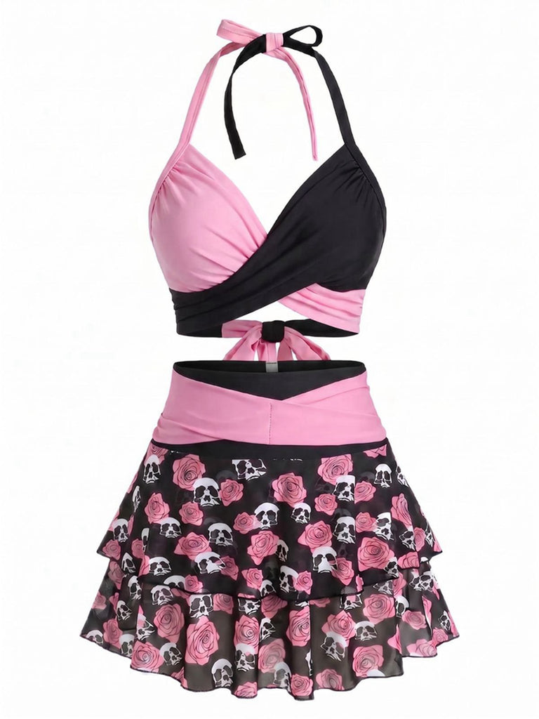 [Prévente] Maillot de bain jupe dos nu rose années 1980