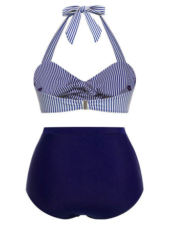 [Grande taille] Ensemble bikini dos nu rayé bleu des années 40