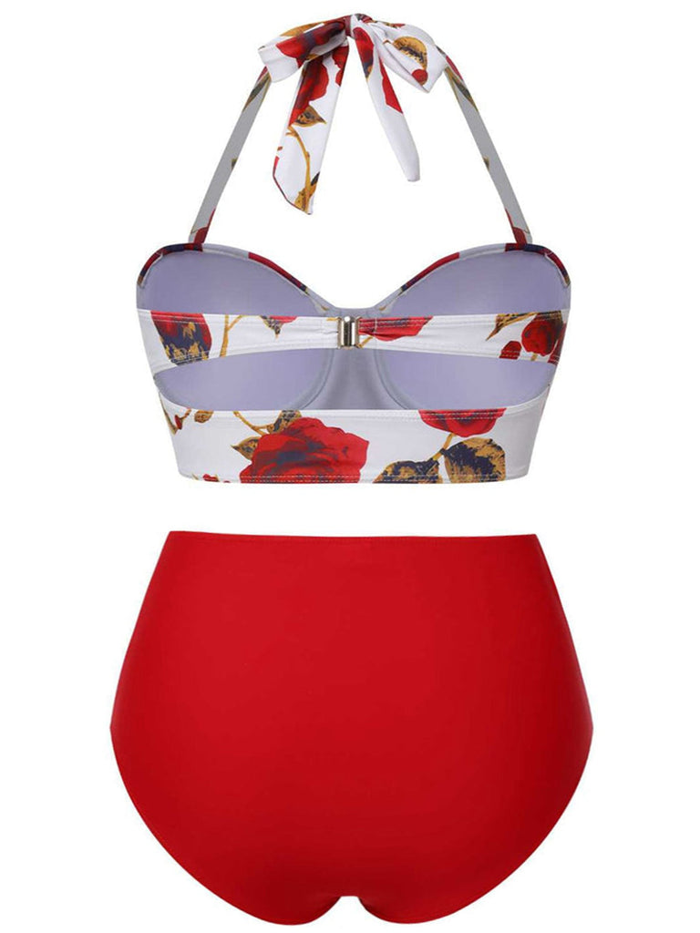 [Grande taille] Bikini dos nu et cache-maillot jupe à motifs roses rouges années 1960
