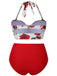 [Grande taille] Bikini dos nu et cache-maillot jupe à motifs roses rouges années 1960