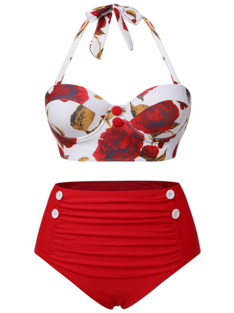 [Grande taille] Bikini dos nu et cache-maillot jupe à motifs roses rouges années 1960