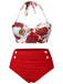 [Grande taille] Bikini dos nu et cache-maillot jupe à motifs roses rouges années 1960