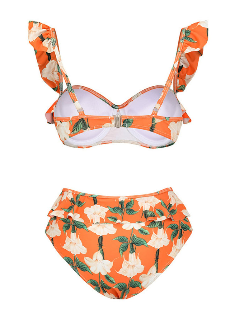 2PCS Ensemble de bikini et cache maillot à fleurs volants orange années 1940