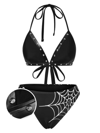 Ensemble bikini noir à rivets style gothique des années 1980