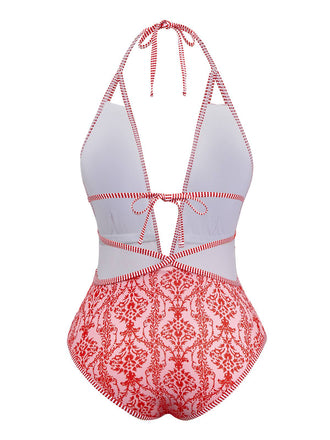 Maillot de bain rouge col V profond dos nu motifs baroques années 1970