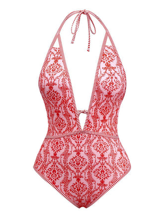 Maillot de bain rouge col V profond dos nu motifs baroques années 1970