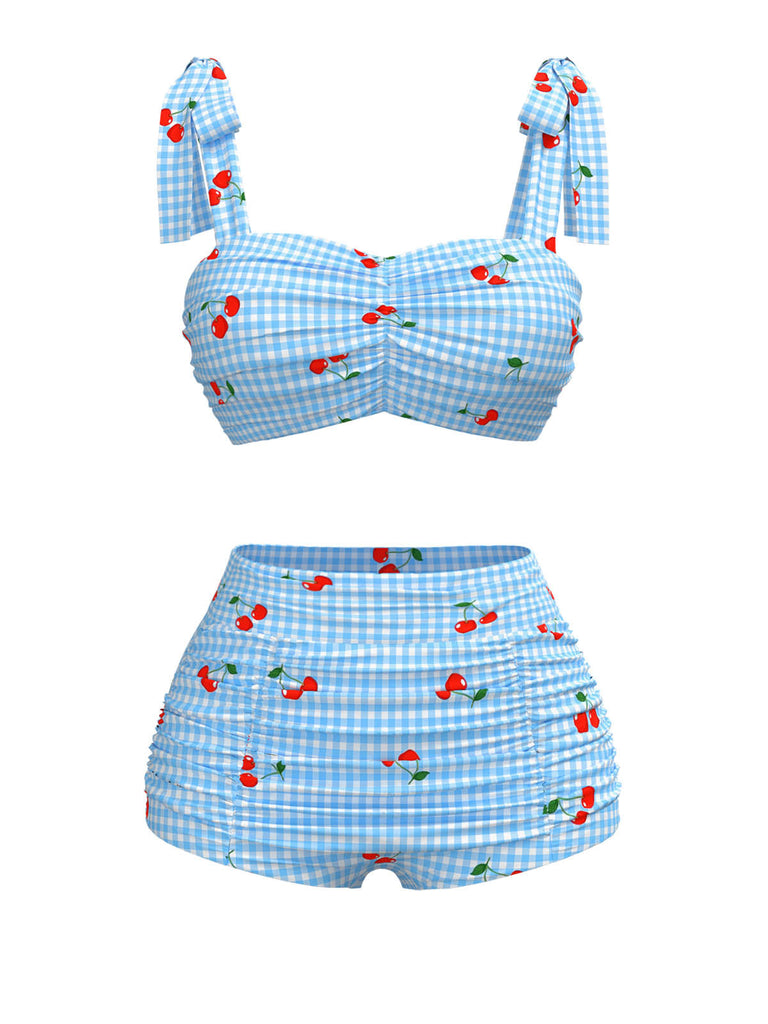 [Prévente] Maillot de bain bleu à lacets à carreaux et cerise des années 1950