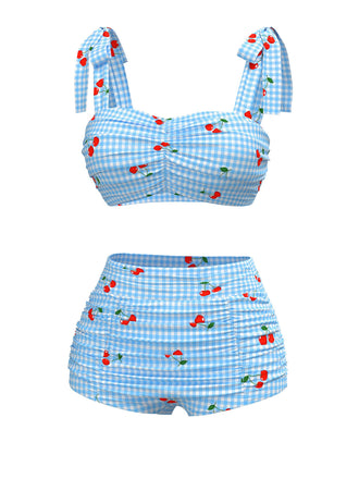 Maillot de bain bleu à lacets à carreaux et cerise des années 1950