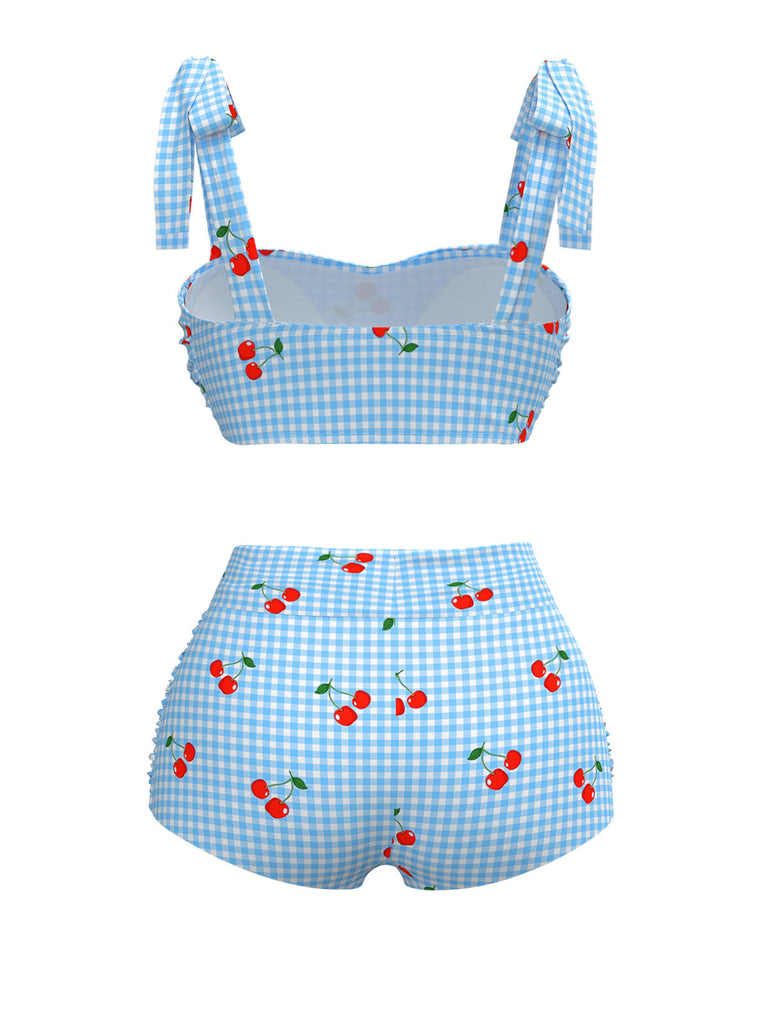 [Prévente] Maillot de bain bleu à lacets à carreaux et cerise des années 1950
